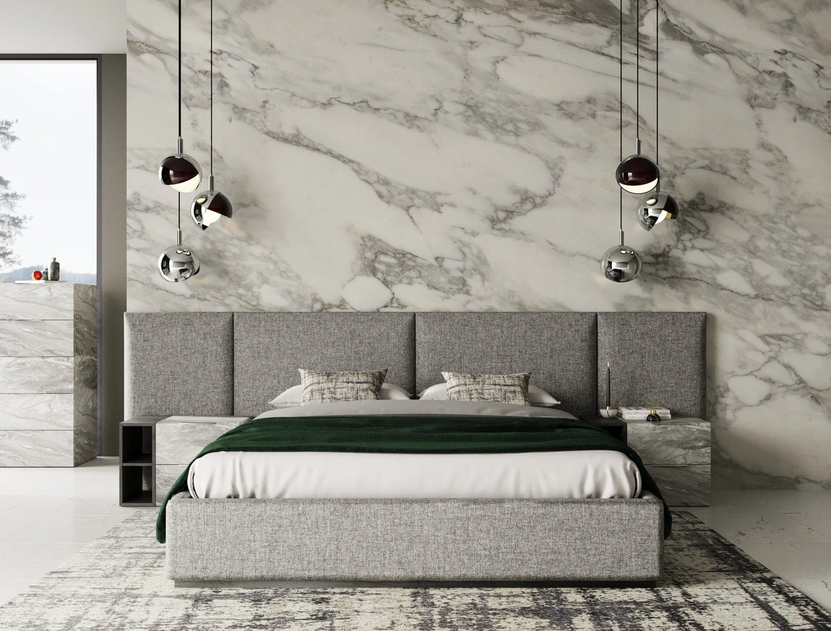 Maranello - Modern Grey Fabric Bed w/ Two Nightstands