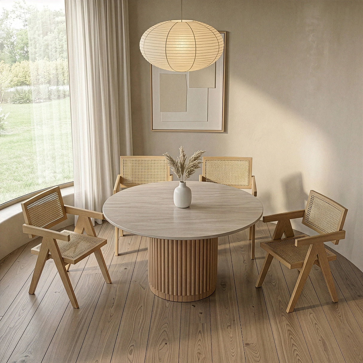 Bambi - Modern Botticino Marble + Mango Round Dining Table