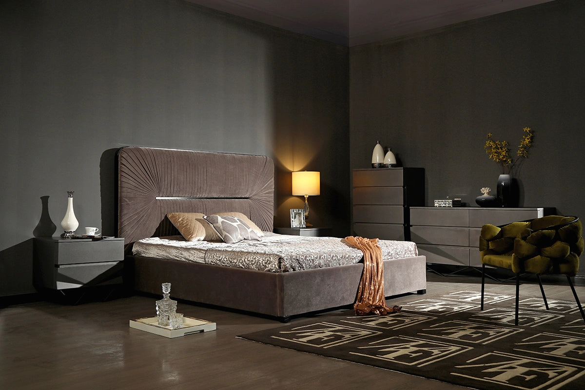 Duke Modern Grey Velvet & Black Gun Chrome Bed