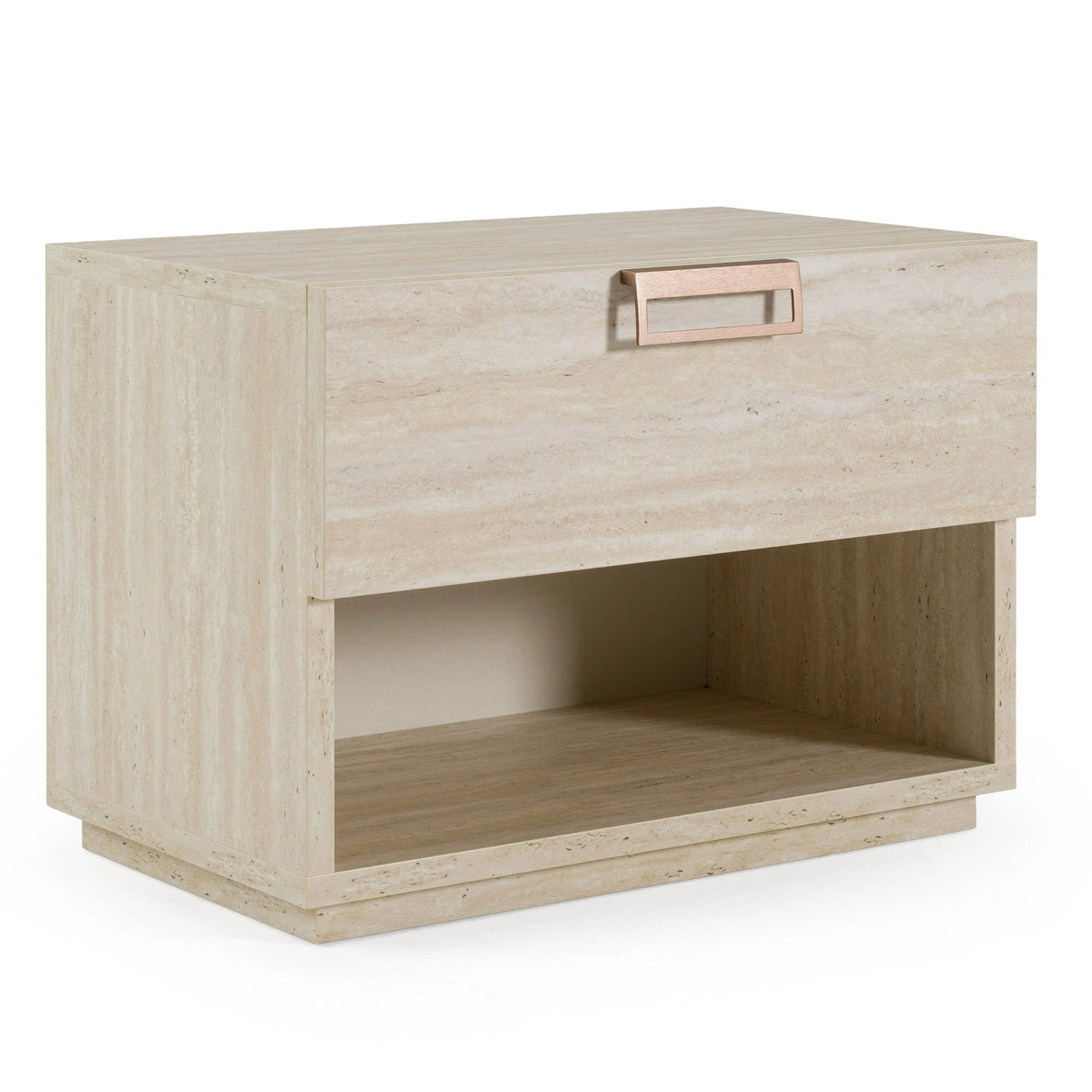 Roma + Lago - Modern Burnt Orange Velvet + Faux Travertine Bed + Nightstands Set