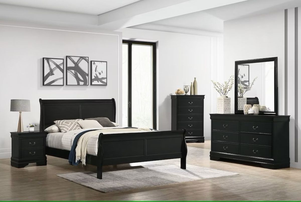 Elements International Louis Philippe Queen Panel Bed in Black