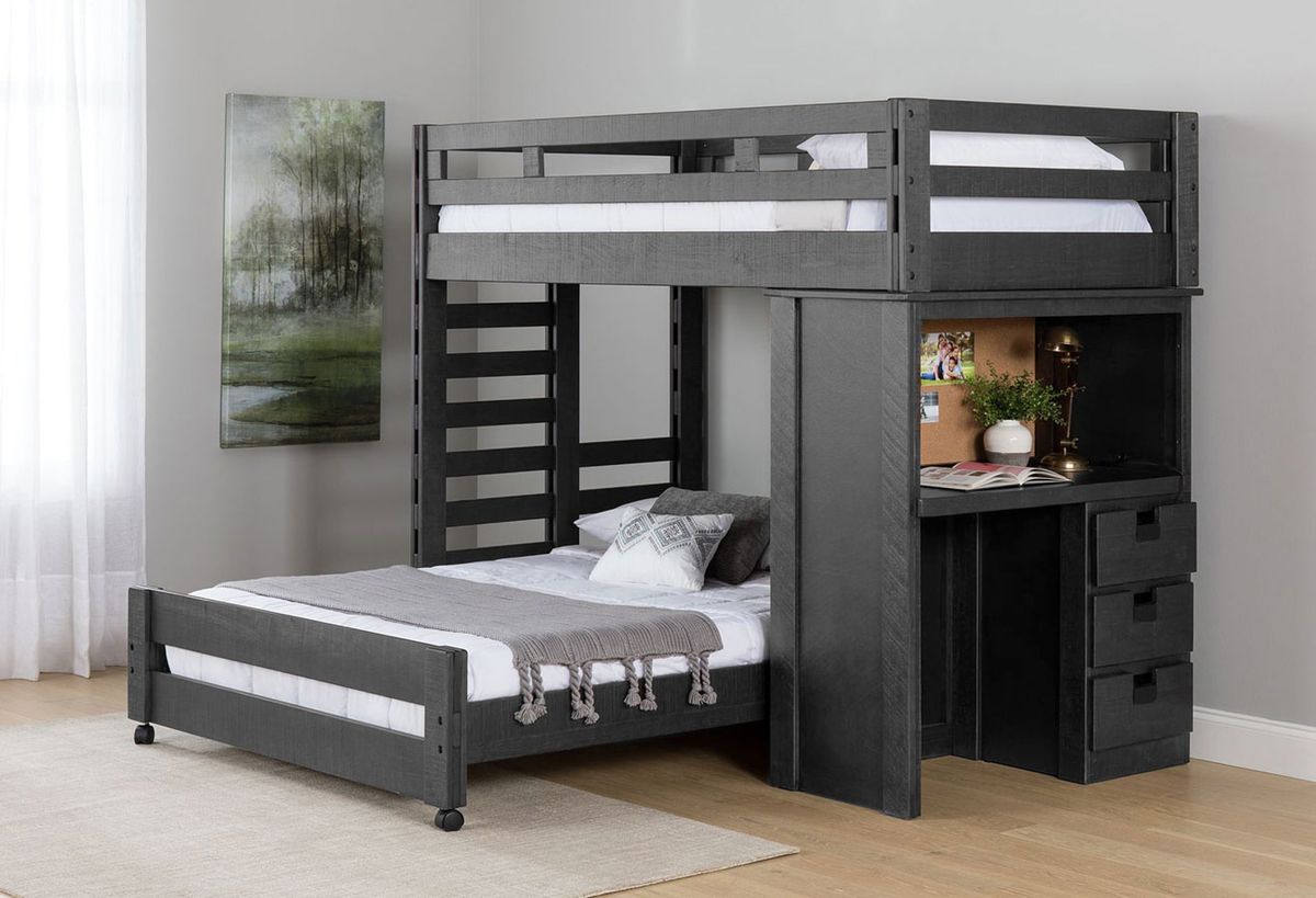 Elements International Vista Twin over Full Basic Loft Bed with Desk in Grey