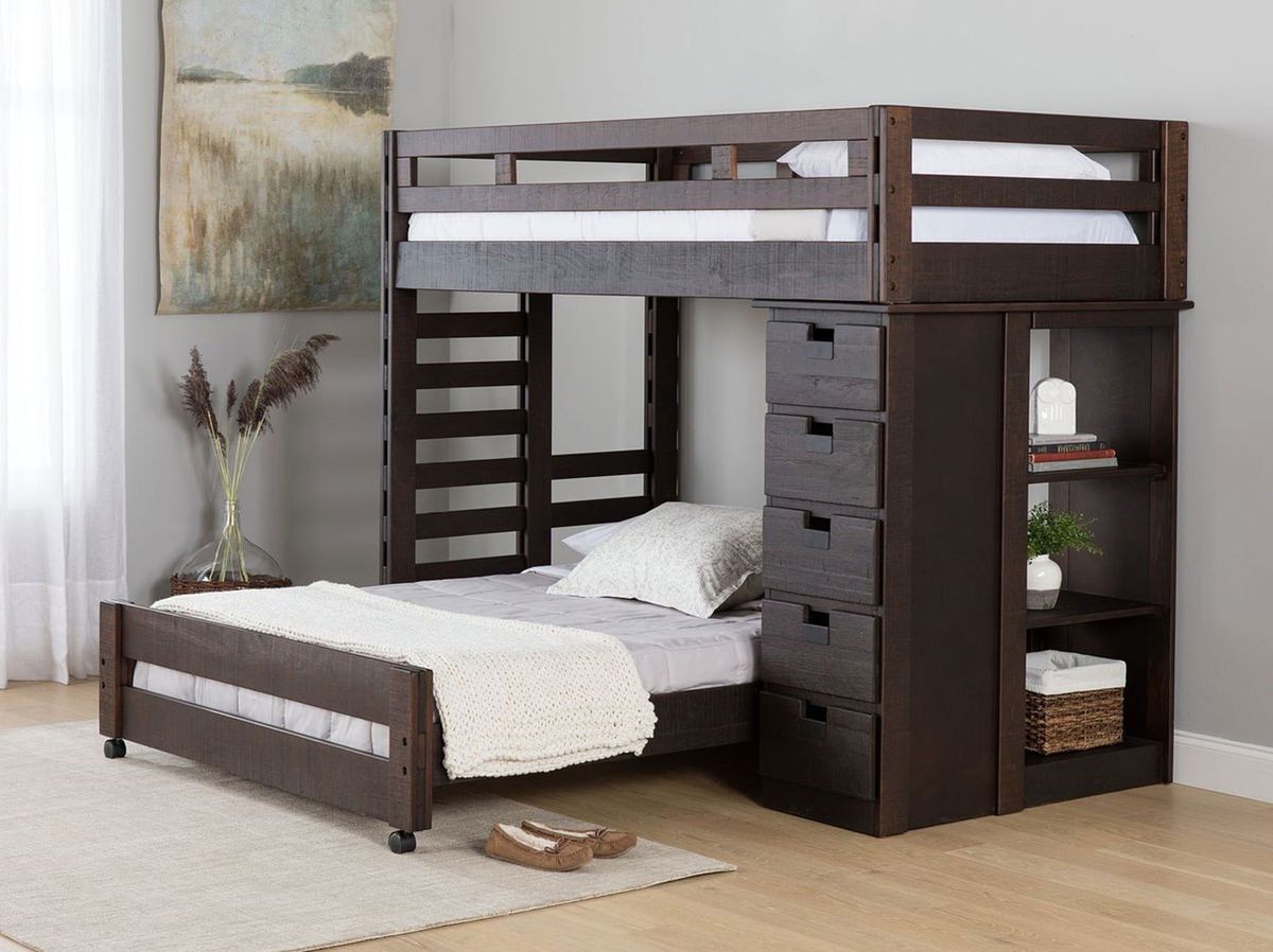Elements International Vista Twin over Full Basic Loft Bed with Bookcase in Brown