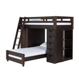 Elements International Vista Twin over Twin Super Loft Bed with Desk and Bookcase in Brown