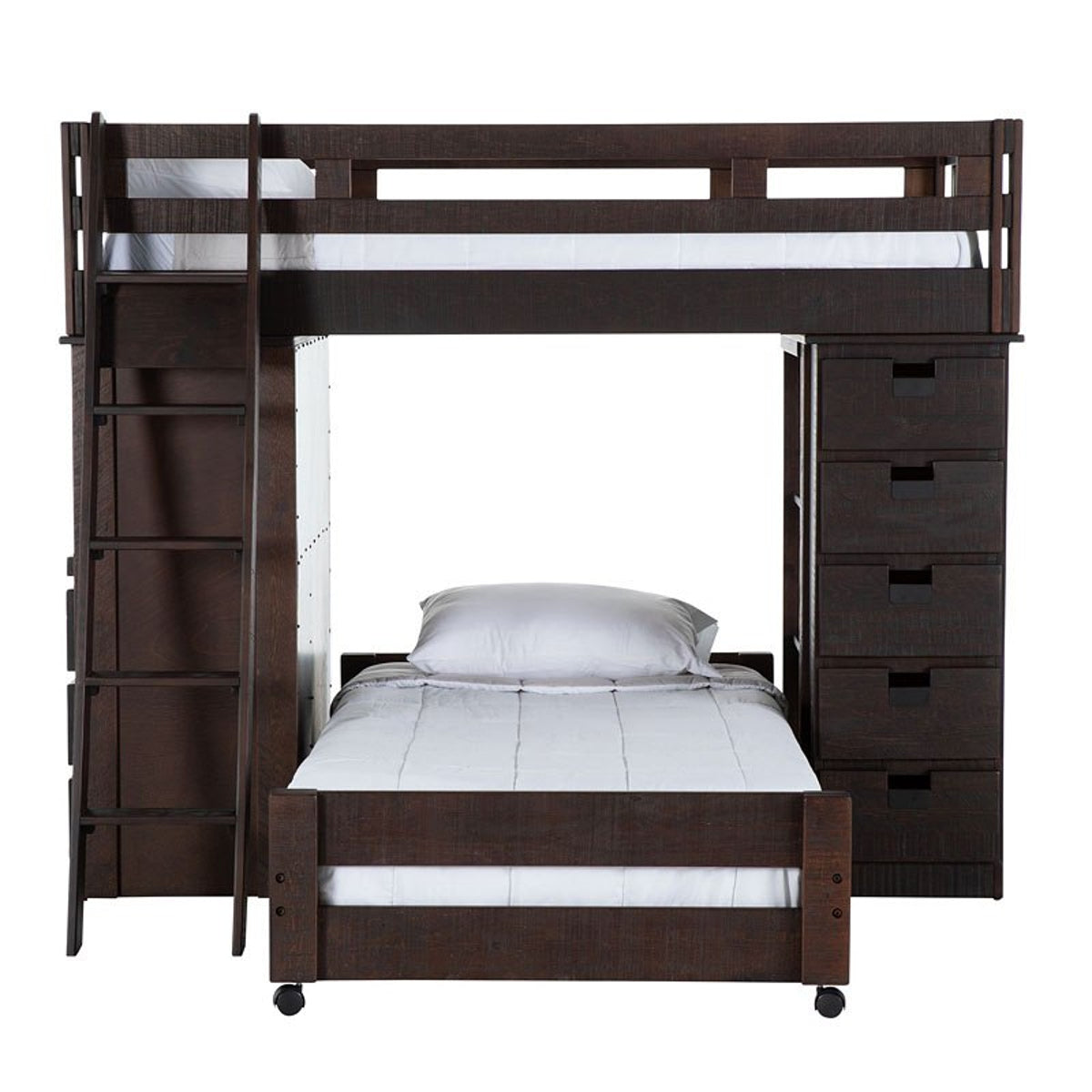 Elements International Vista Twin over Twin Super Loft Bed with Desk and Bookcase in Brown