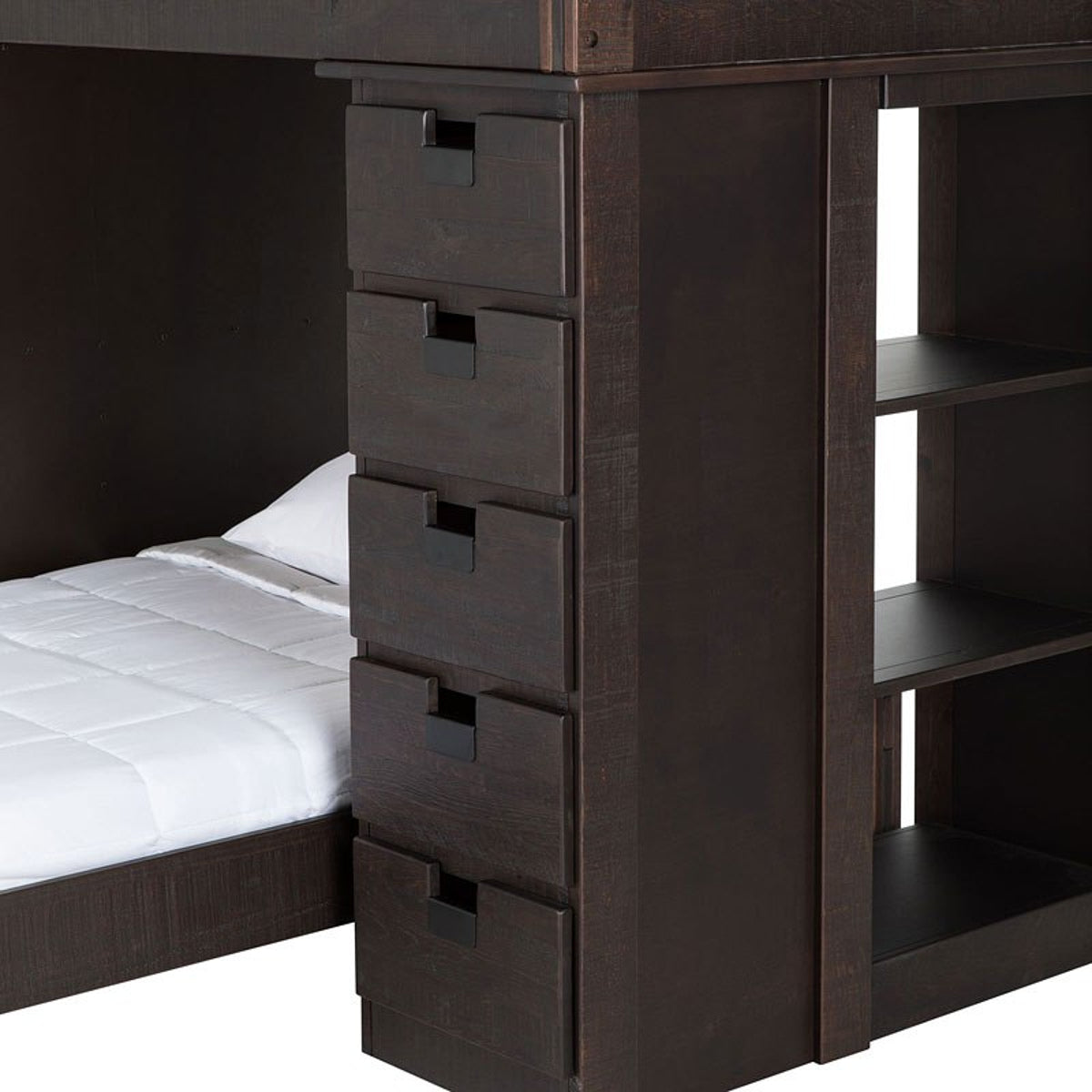 Elements International Vista Twin over Twin Super Loft Bed with Desk and Bookcase in Brown