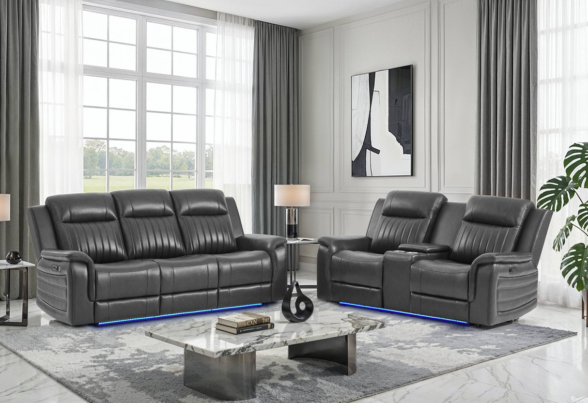 U8879 CHARCOAL PWR REC SOFA/PWR CON REC LOVESEAT W/LED & GL SS