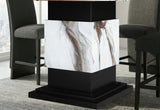 D12 BAR TABLE AND 4 D12 BROWN BAR STOOLS