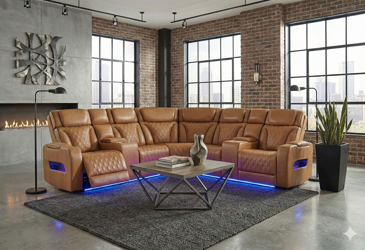 U8611 CAMEL SECTIONAL WITH POWER HEADREST, CONTINUOUS LED AND SPEAKER